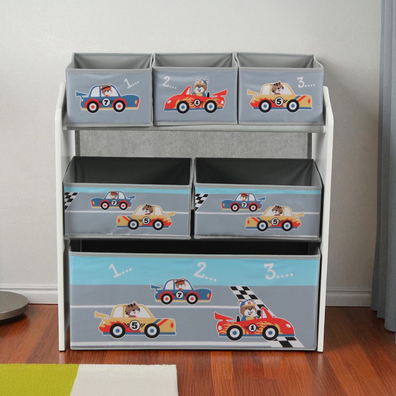 Organizator jucarii / mobilier camera copilului Cars, U-Grow, 63x30x60 cm, lemn de pin/textil, gri - imagine 6